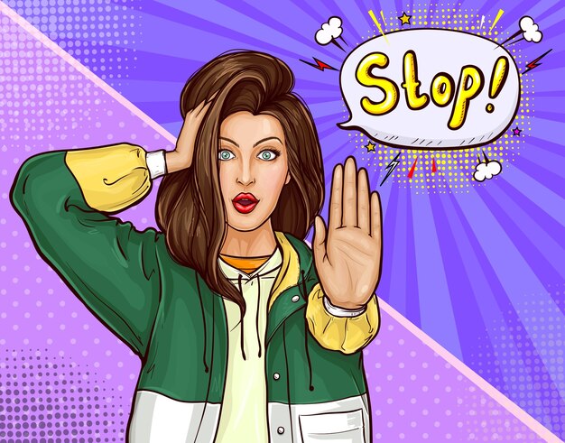 Brunette surprised girl in jacket with wide open eyes and opened mouth doing stop gesture in pop art style