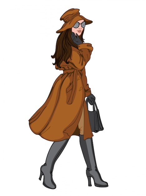 Free Vector brunette woman in autumn clothes with a smile on her face posing. brown hat, coat, pants, black gloves, sunglasses, handbag and boots