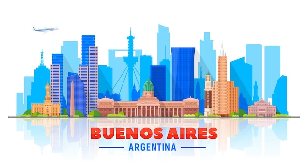 Buenos Aires ( Argentina ) skyline with panorama in white background. Vector Illustration. Business travel and tourism concept with modern buildings. Image for presentation, banner, web site.