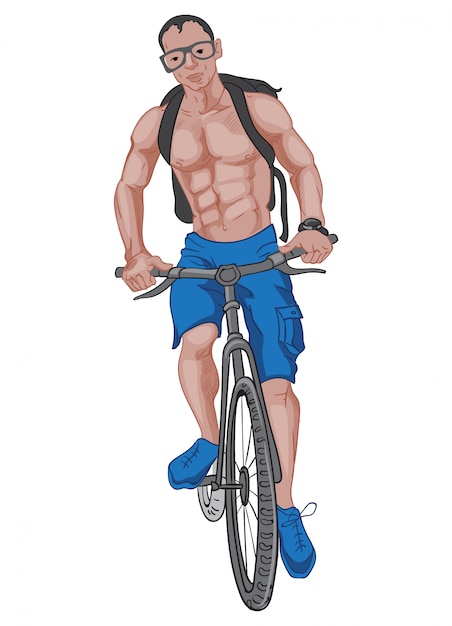 Buff man in blue shorts and shoes, with a backpack, glasses and a watch riding the bike