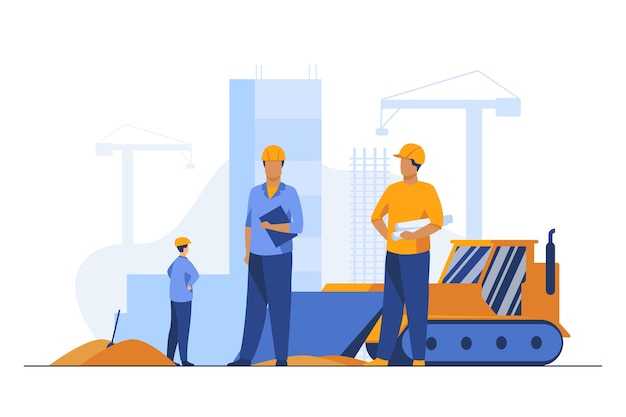 Free Vector builders in helmets working at construction site. machine, building, worker flat vector illustration. engineering and development