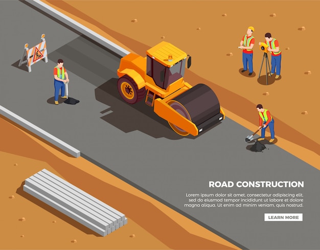 Free Vector builders and surveyors with machinery and warning signs during road construction isometric composition