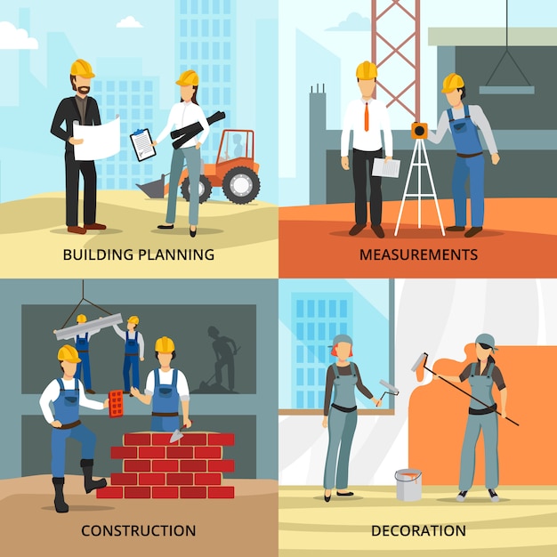 Building concept icons set with planning symbols flat isolated vector illustration 