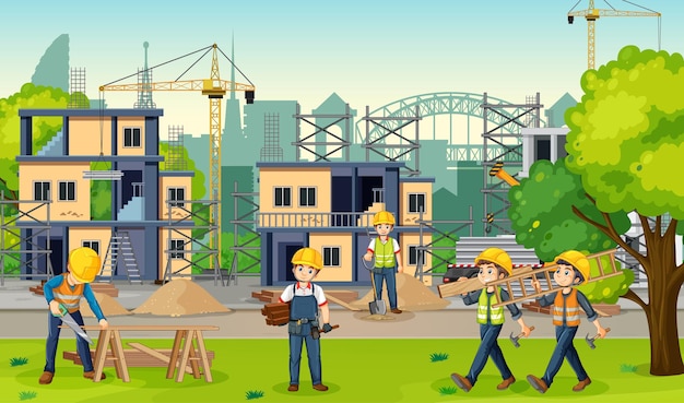 Free vector building construction site with workers