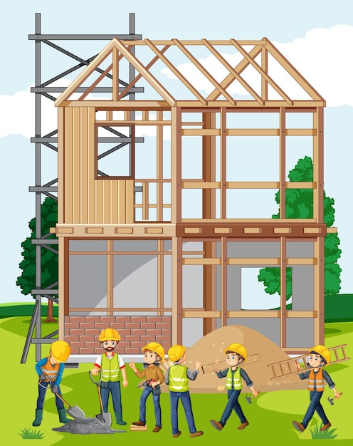 Free Vector building construction site with workers