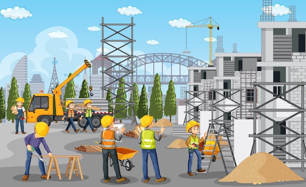 Building construction site with workers