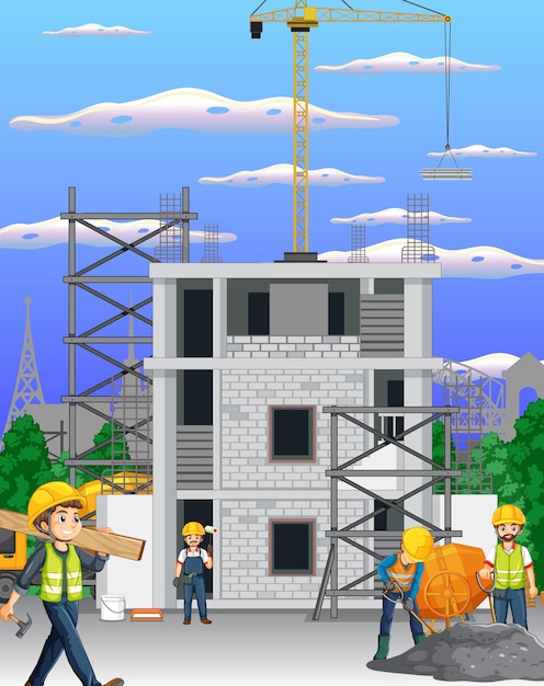 Building construction site with workers