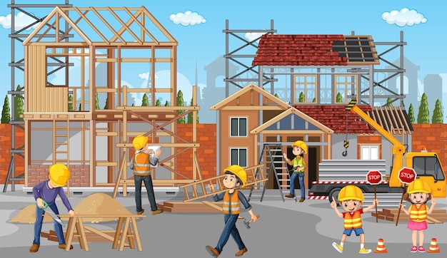 Free Vector building construction site with workers