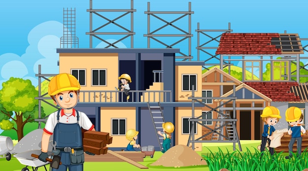 Free Vector building house construction site and workers