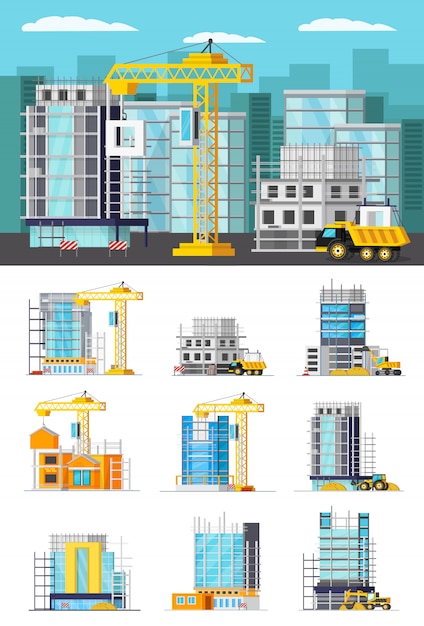 Building illustration and set of isolated buildings