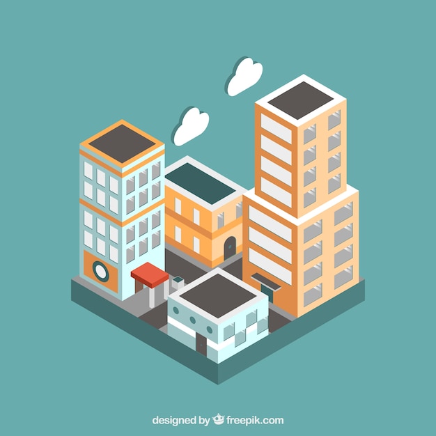 Buildings and clouds in isometric style