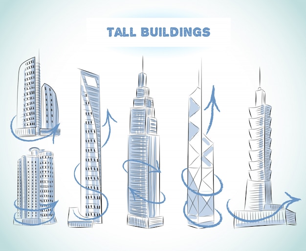 Free vector buildings icons set of modern skyscrapers isolated sketch