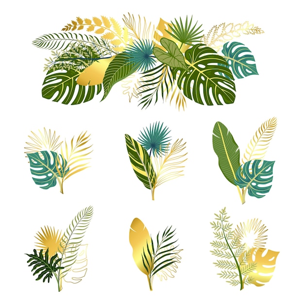 Free Vector bunches of green and golden tropical leaves flat set isolated on white background vector illustration