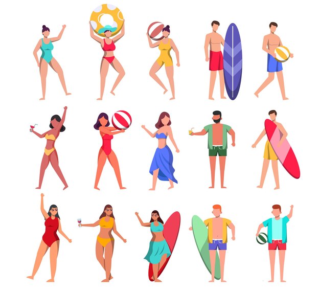 A bundle of 15 male and female characters in bathing suits and poses with assets 