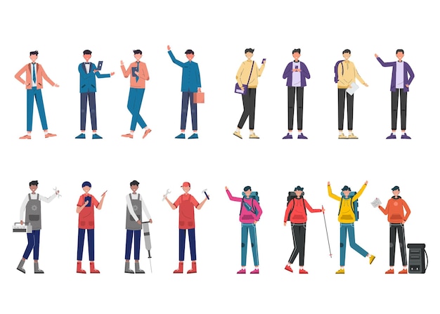 Bundle of 4 character set Of various professions, lifestyles and expressions of each character in different gestures, business people, tourists, repairmen, mechanic