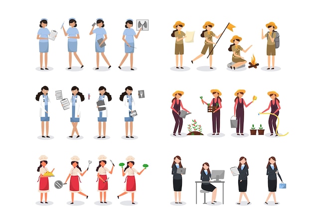 Free Vector bundle of 4 woman character set of various professions, lifestyles and expressions of each character in different gestures, businesswoman, nurse, doctor, scout, chef, farmer