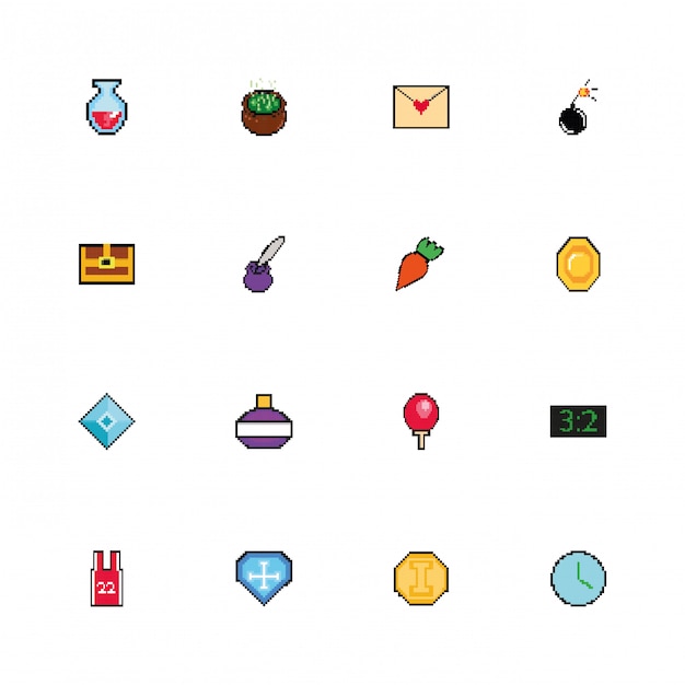 bundle of 8 bits pixelated style icons 