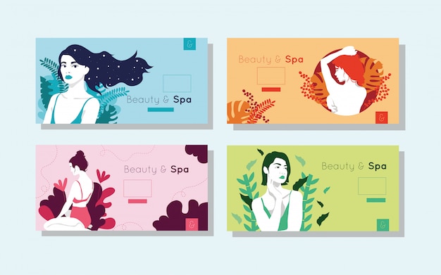 Free Vector bundle of beauty and spa cards with woman figures