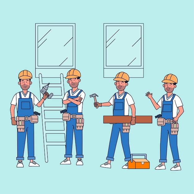 Bundle of  characters People in carpenter occupations with gear. flat illustration  