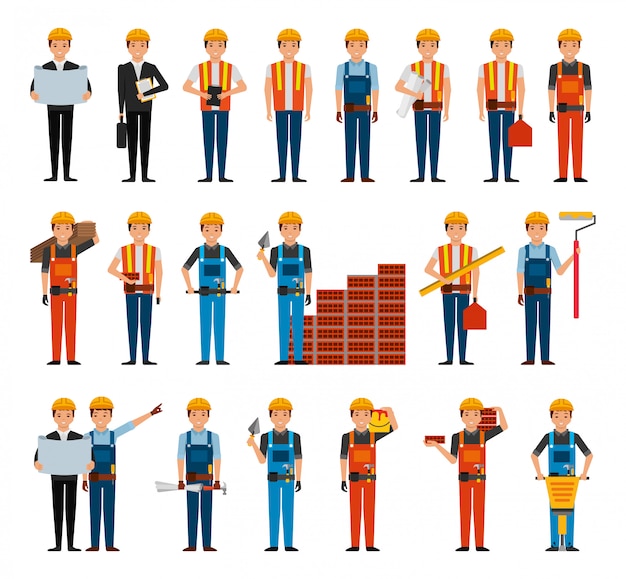 Bundle of construction workers and tools