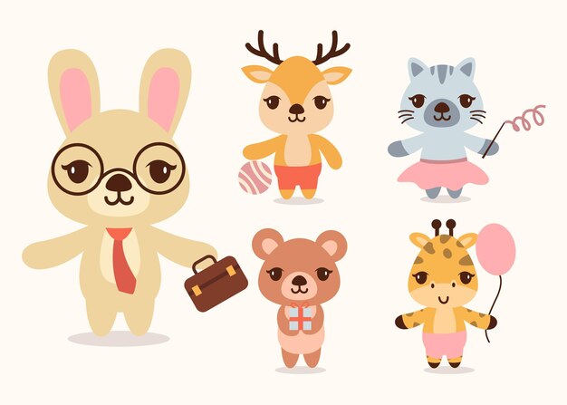 Bundle of cute animal cartoon characters mascot collection,  flat Colorful   illustration