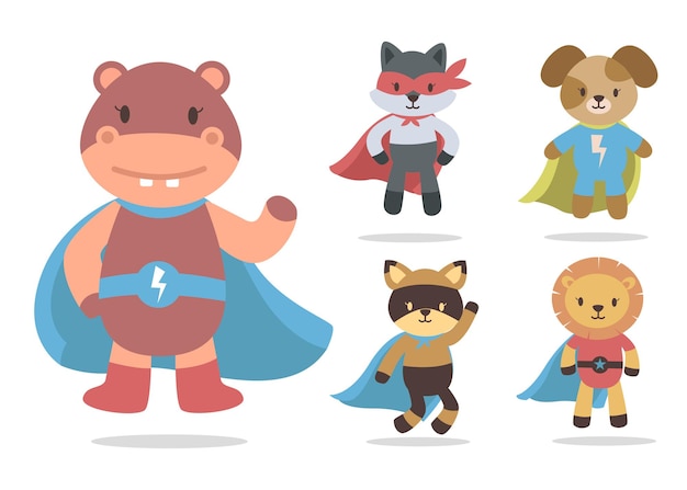 Bundle of cute animal cartoon with super hero mascot characters collection 