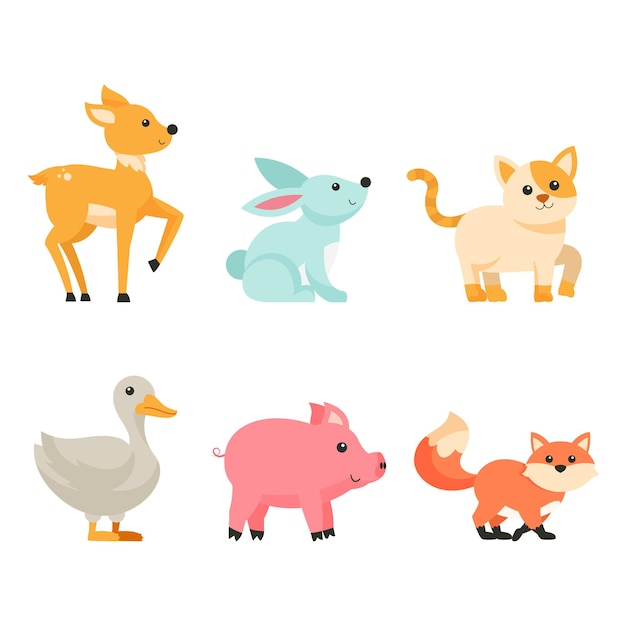 Bundle of cute cartoon animal walk on white background,  isolated characters flat lovely animal   illustration concept