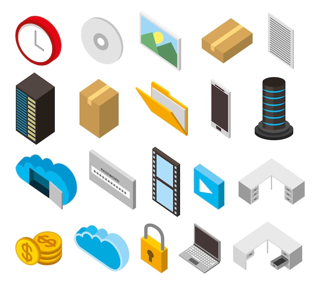 Bundle of data center storage isometric set icons