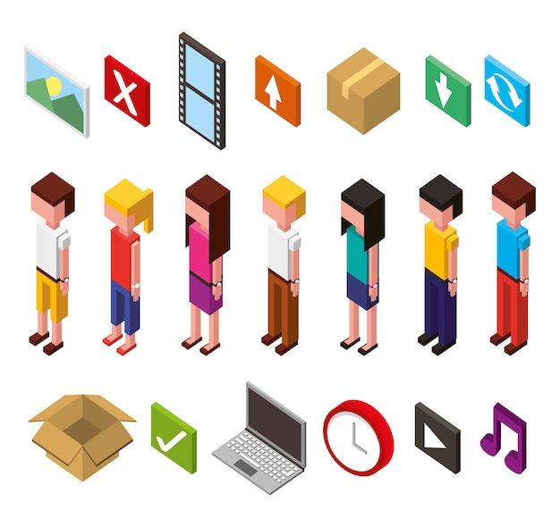 Bundle of data center and users avatars isometric set icons