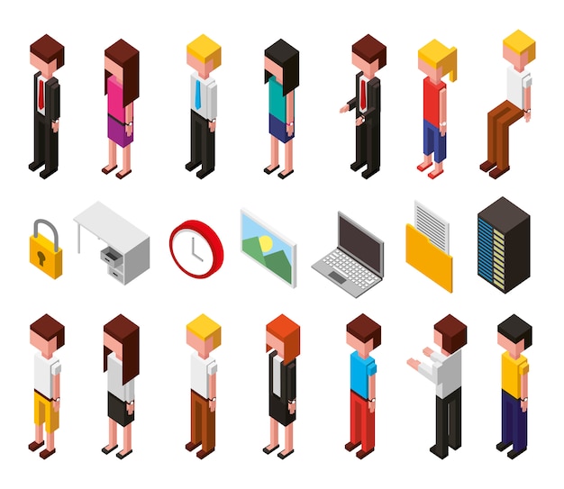 Bundle of data center and users avatars isometric set icons