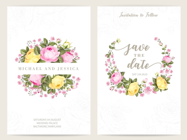 Bundle invitation design with roses. Collection of greeting cards.