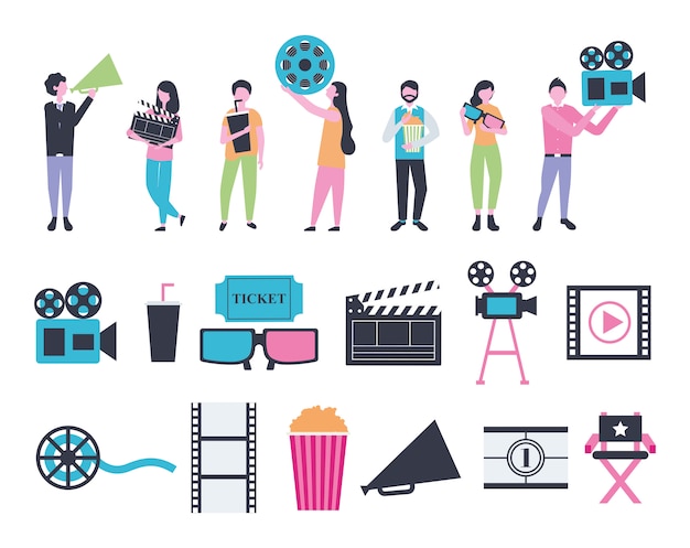 Free Vector bundle of people and cinema entertainment icons