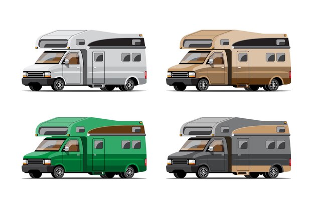 Bundle set of Camping trailers, travel mobile homes or caravan on white background, flat illustration