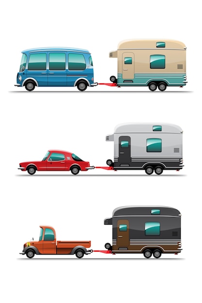 Free vector bundle set of camping trailers, travel mobile homes or caravan white background  illustration