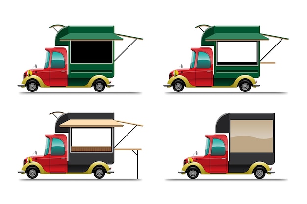 Free Vector bundle set of food truck car with a variety of sizes on white background