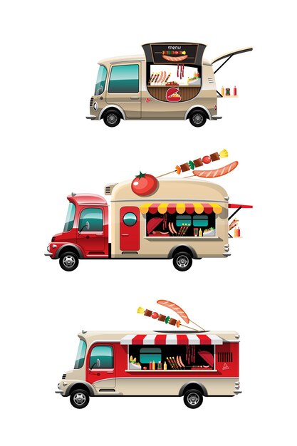 Bundle set of The food truck side view with barbecue counter, Bar-B-Q  and model on top of car, on white background,  illustration