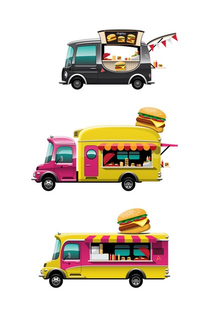 Bundle set of The food truck side view with hamburger counter, burger  and model on top of car, on white background,  illustration