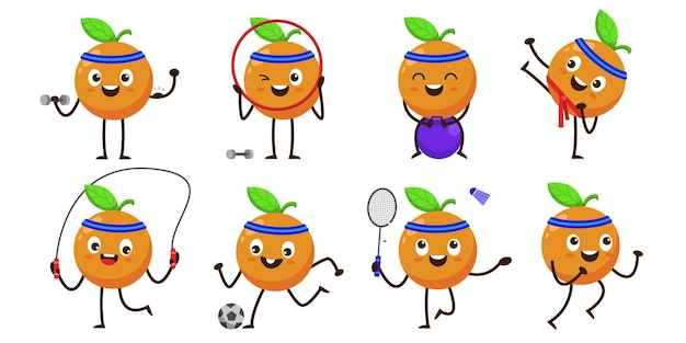 Bundle Set of fruit in cartoon Mascot Character, Cute sportsman in difference activity and equipment, flat Design Illustration