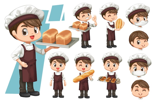 Free Vector bundle set of happy young baker man wears his uniform