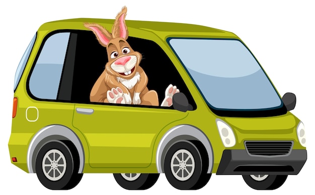 Free vector bunny driving a green car illustration