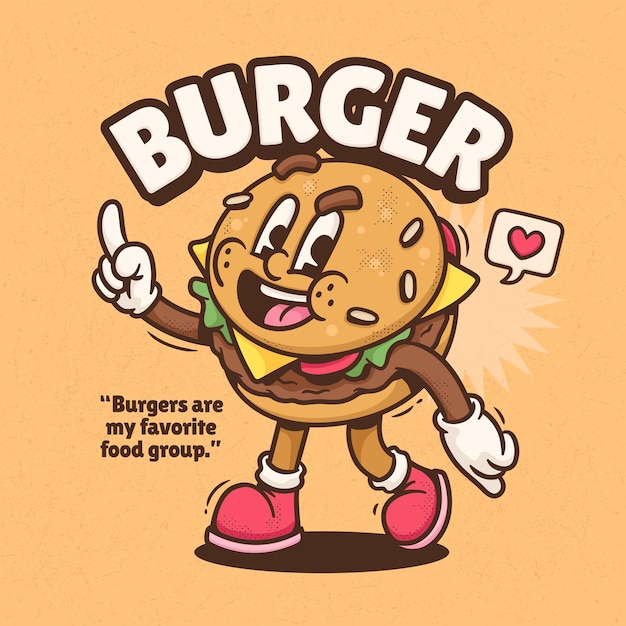 Free vector burger cute trendy retro cartoon vector hand drawn