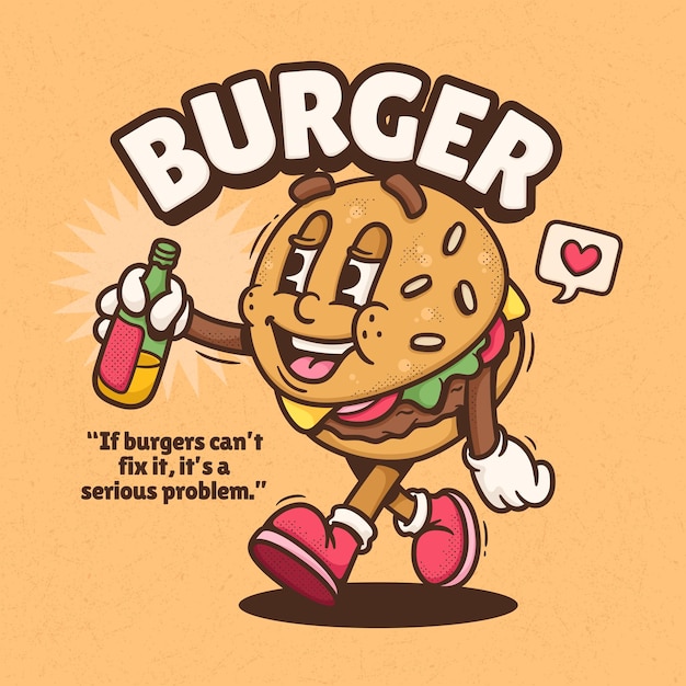 Free vector burger cute trendy retro cartoon vector hand drawn