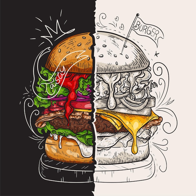 Burger fast food concept Hand Drawn Sketch Vector illustration