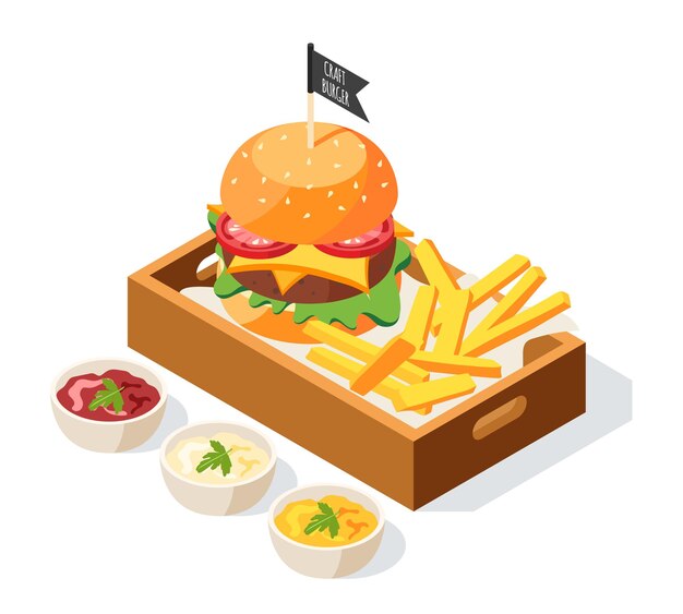 Burger house isometric illustration with composition of sauce dishes and served burger with fries on platter