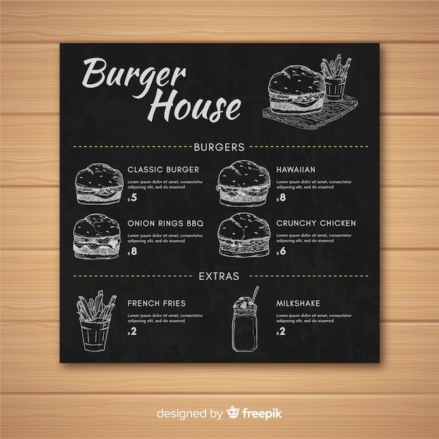 Free vector burger restaurant menu retro style template on chalkboard