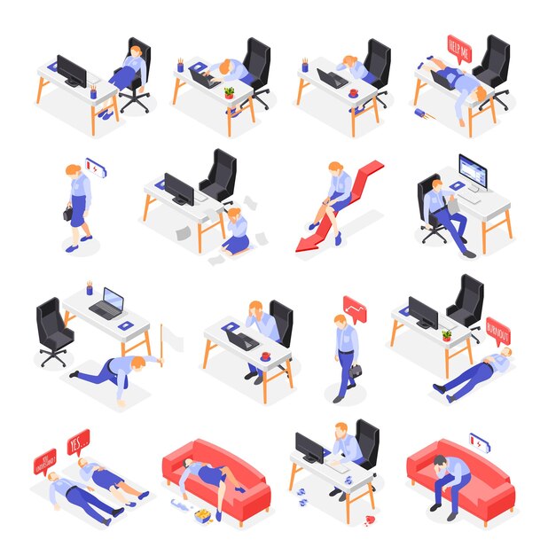 Burn-out syndrome isometric icons set with work symbols isolated vector illustration