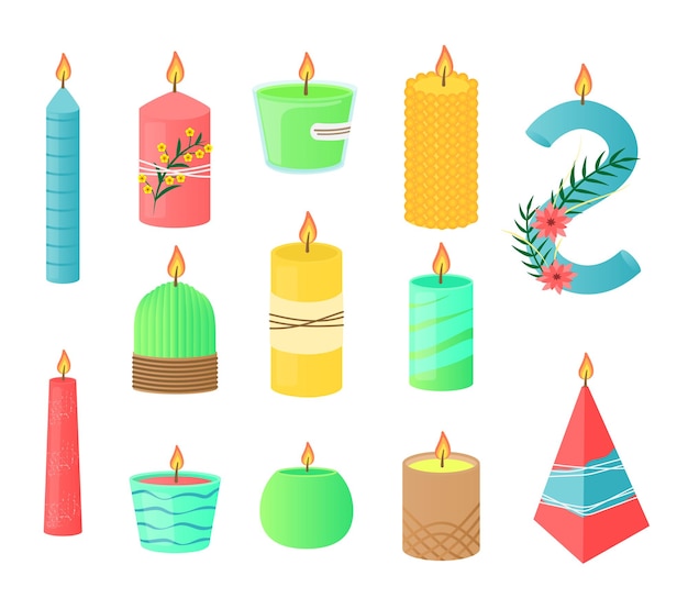 Free Vector burning candles with flowers and herbs in candlesticks. candlelight cartoon illustration set