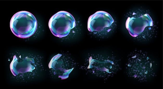 Bursting soap rainbow bubbles with reflections