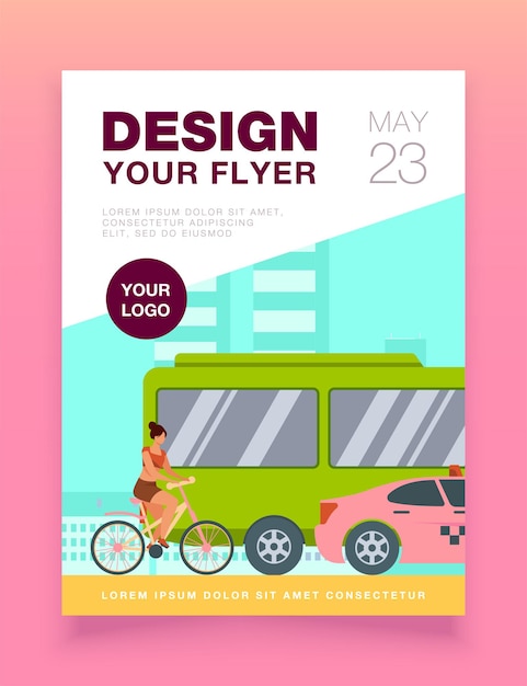 Bus, taxi and cyclist driving on city road flyer template