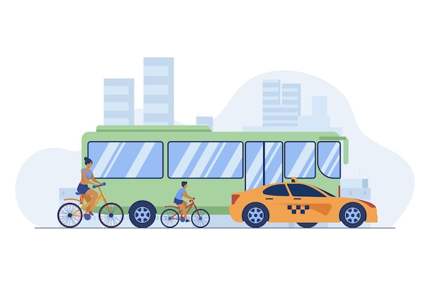 Bus, taxi and cyclist driving on city road. Transport, bicycle, car flat vector illustration. Traffic and urban lifestyle